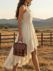 EMERY ROSE Bohemian Style Casual Vacation Front Short Back Long Cinched Waist Women's Mid-Length Dress - Apricot - View 8