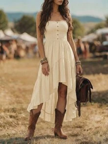 EMERY ROSE Bohemian Style Casual Vacation Front Short Back Long Cinched Waist Women's Mid-Length Dress - Apricot - View 6
