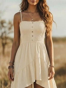 EMERY ROSE Bohemian Style Casual Vacation Front Short Back Long Cinched Waist Women's Mid-Length Dress - Apricot - View 5