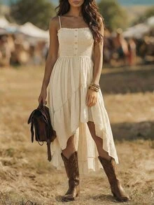 EMERY ROSE Bohemian Style Casual Vacation Front Short Back Long Cinched Waist Women's Mid-Length Dress - Apricot - View 7