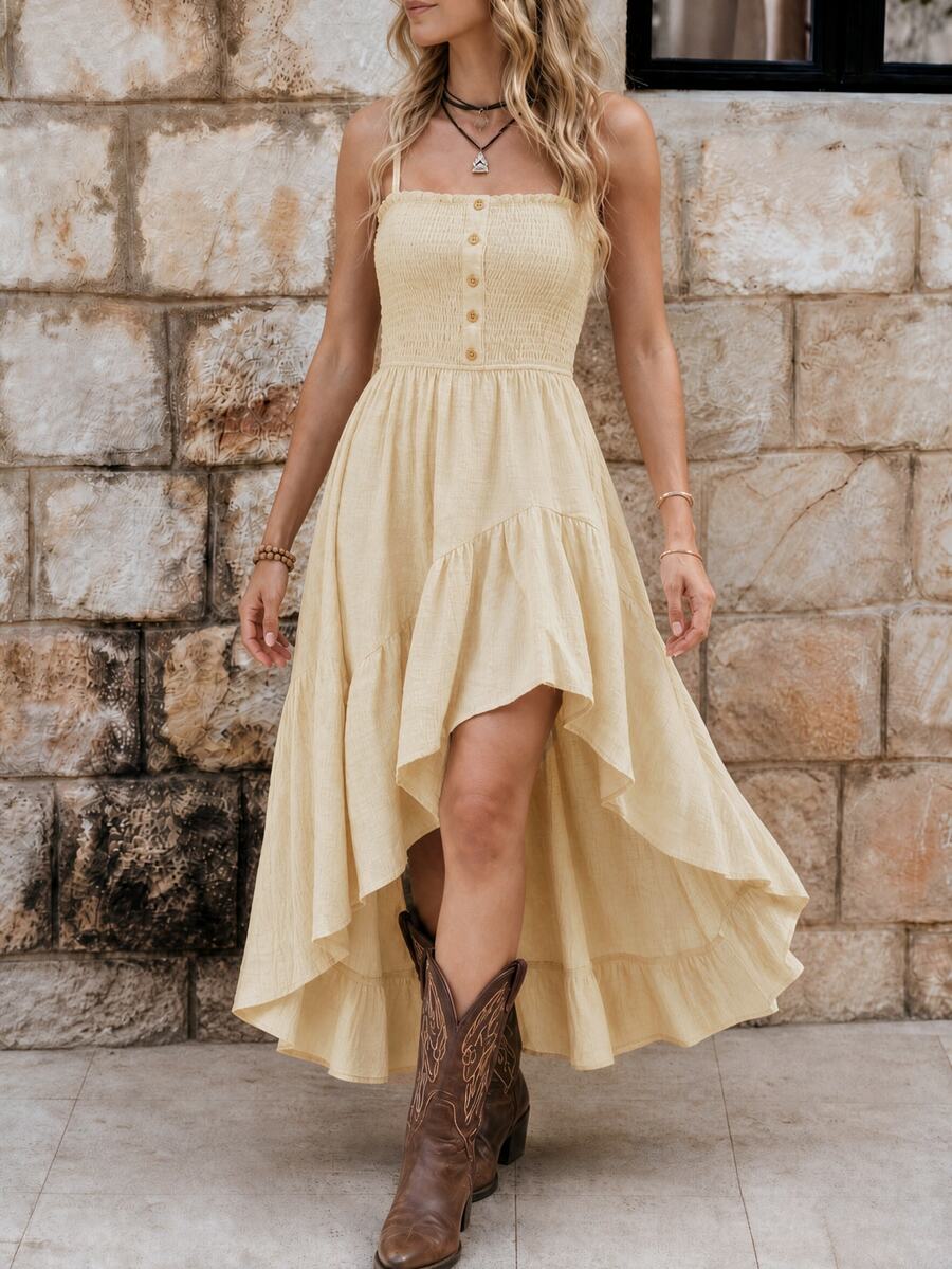 EMERY ROSE Bohemian Style Casual Vacation Front Short Back Long Cinched Waist Women's Mid-Length Dress - Apricot - View 1