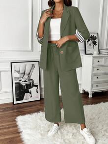 EMERY ROSE Women Solid Color Long Sleeve Blazer Jacket And Pants 2 Pieces Suit Set, Fashionable For Summer - Army Green - View 5