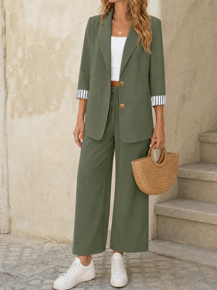 EMERY ROSE Women Solid Color Long Sleeve Blazer Jacket And Pants 2 Pieces Suit Set, Fashionable For Summer - Army Green - View 1