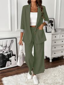 EMERY ROSE Women Solid Color Long Sleeve Blazer Jacket And Pants 2 Pieces Suit Set, Fashionable For Summer - Army Green - View 4