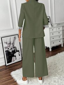EMERY ROSE Women Solid Color Long Sleeve Blazer Jacket And Pants 2 Pieces Suit Set, Fashionable For Summer - Army Green - View 2