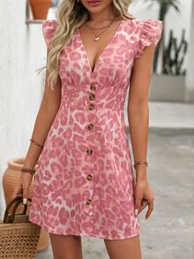 EMERY ROSE Women's Sexy Vacation Style Leopard Print Deep V-Neck Ruffle Armhole Waist Cinched Short Dress, Summer - Pink - View 9