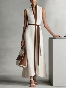 EMERY ROSE Women's Linen-Like Casual Color Block Sleeveless Dress - Beige - View 5