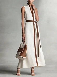 EMERY ROSE Women's Linen-Like Casual Color Block Sleeveless Dress - Beige - View 4
