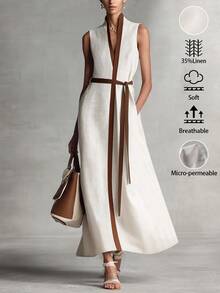 EMERY ROSE Women's Linen-Like Casual Color Block Sleeveless Dress - Beige - View 3
