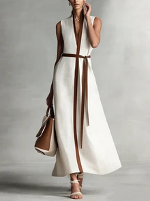 EMERY ROSE Women's Linen-Like Casual Color Block Sleeveless Dress - Beige - View 6