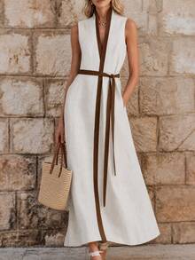 EMERY ROSE Women's Linen-Like Casual Color Block Sleeveless Dress - Beige - View 1