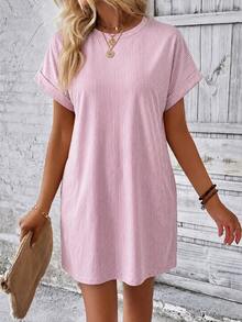 EMERY ROSE Women's Round Neck Batwing Short Sleeve Loose Casual Striped Dress - Multicolor - View 5