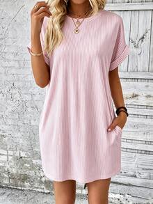 EMERY ROSE Women's Round Neck Batwing Short Sleeve Loose Casual Striped Dress - Multicolor - View 4