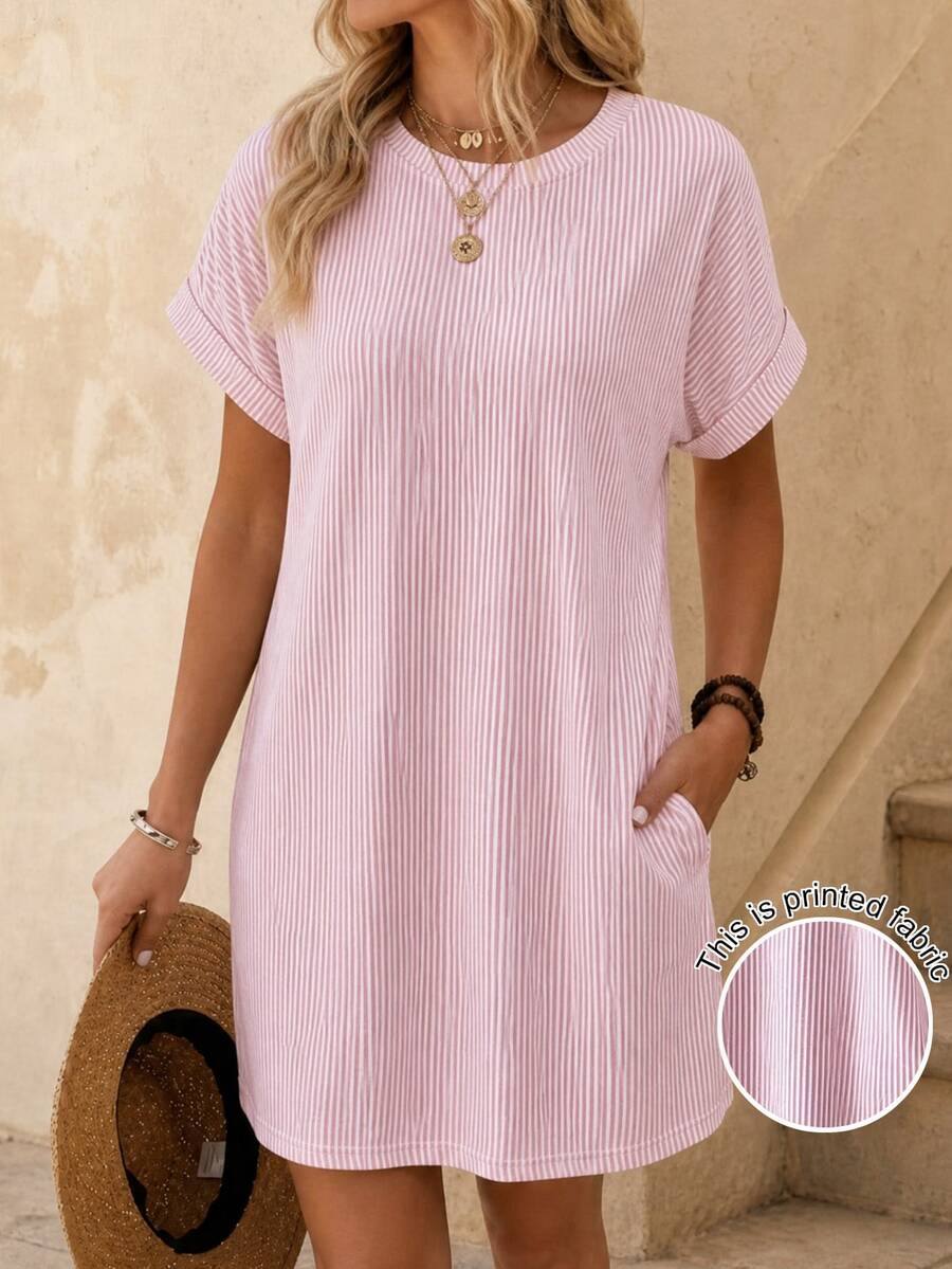 EMERY ROSE Women's Round Neck Batwing Short Sleeve Loose Casual Striped Dress - Multicolor - View 1