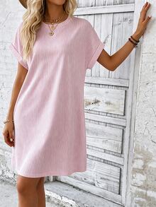 EMERY ROSE Women's Round Neck Batwing Short Sleeve Loose Casual Striped Dress - Multicolor - View 6