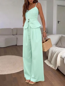 SHEIN PariChic Setelan 2 Potong Wanita Musim Panas Kasual Warna Polos: Kamisol dan Celana - Mint Green - View 4