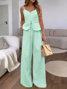 SHEIN PariChic Setelan 2 Potong Wanita Musim Panas Kasual Warna Polos: Kamisol dan Celana - Mint Green - View 5
