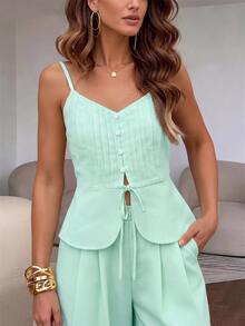 SHEIN PariChic Setelan 2 Potong Wanita Musim Panas Kasual Warna Polos: Kamisol dan Celana - Mint Green - View 6
