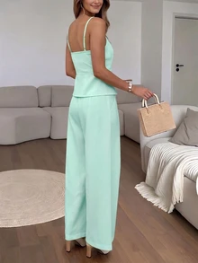 SHEIN PariChic Setelan 2 Potong Wanita Musim Panas Kasual Warna Polos: Kamisol dan Celana - Mint Green - View 2
