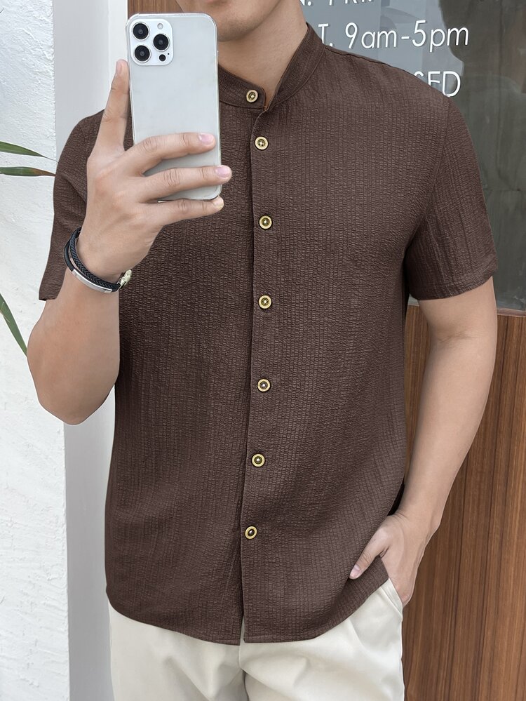 HIMLAND Women's Solid Color Single-Breasted Casual Versatile Daily Commute Shirt - Brown - View 3