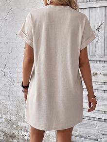 EMERY ROSE Round Neck Short Sleeve Cuffed Striped Loose Casual Dress, Summer - Multicolor - View 2