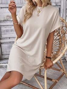 EMERY ROSE Round Neck Short Sleeve Cuffed Striped Loose Casual Dress, Summer - Multicolor - View 7