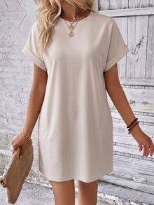 EMERY ROSE Round Neck Short Sleeve Cuffed Striped Loose Casual Dress, Summer - Multicolor - View 5