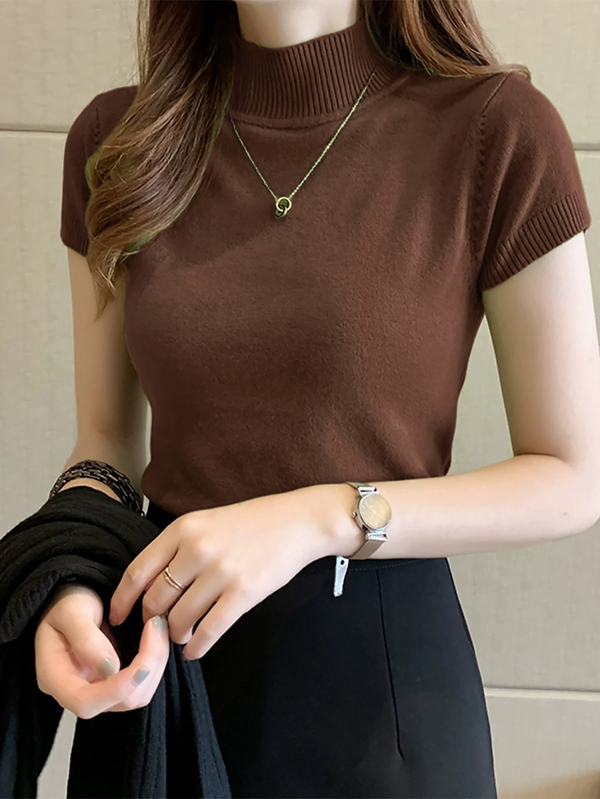 EMERY ROSE 高领修身短袖简约休闲上衣，日常穿着