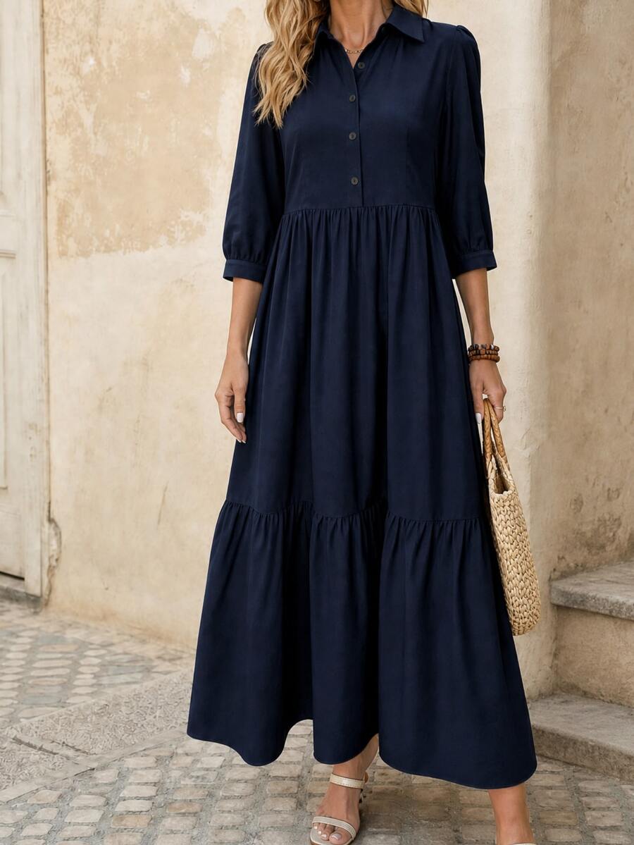 EMERY ROSE Women Solid Color Casual Short Sleeve Dress Maxi Women Outfit - Navy Blue - View 1