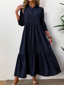 EMERY ROSE Women Solid Color Casual Short Sleeve Dress Maxi Women Outfit - Navy Blue - View 5