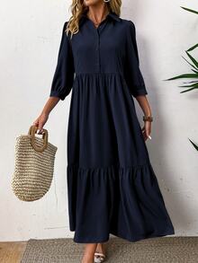 EMERY ROSE Women Solid Color Casual Short Sleeve Dress Maxi Women Outfit - Navy Blue - View 7