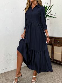 EMERY ROSE Women Solid Color Casual Short Sleeve Dress Maxi Women Outfit - Navy Blue - View 4