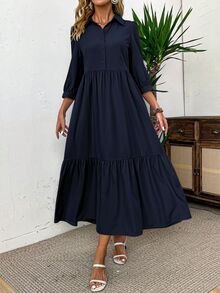 EMERY ROSE Women Solid Color Casual Short Sleeve Dress Maxi Women Outfit - Navy Blue - View 6