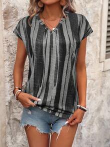 EMERY ROSE Women Fashionable Short-Sleeved T-Shirt With Colorful Stripes Print Graphic Tees Women Tops - Grey - View 6