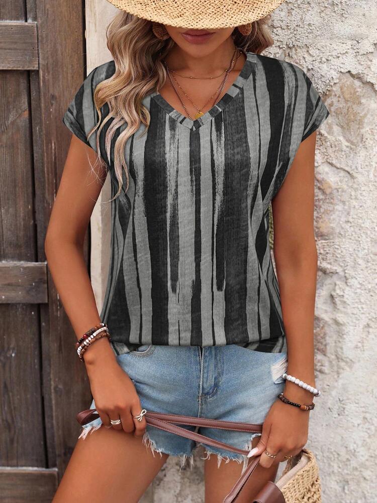 EMERY ROSE Camiseta de mujer de manga corta con estampado de rayas de colores, blusas gráficas de moda para mujer - Gris - Añade 8