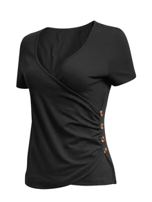 EMERY ROSE Women's Solid Color V-Neck Pleated Fitted Versatile Daily Outing T-Shirt - Black - View 5