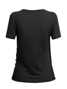 EMERY ROSE Women's Solid Color V-Neck Pleated Fitted Versatile Daily Outing T-Shirt - Black - View 2