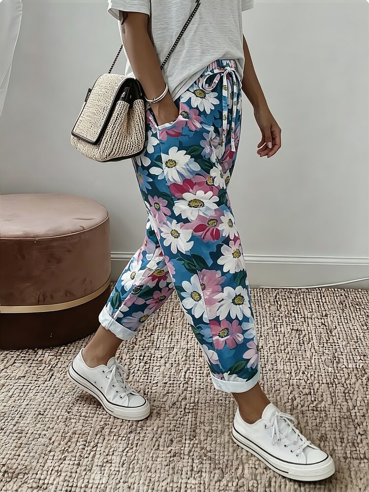 EMERY ROSE 女款夏季花卉印花布料設計休閒度假風多色花卉印花附口袋前綁帶設計休閒度假風沙灘海灘穿著花園街頭攝影氛圍 - 藍色 - 查看 4