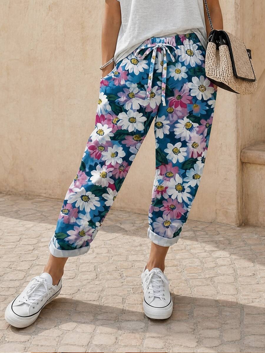 EMERY ROSE ملابس نسائية صيفية بطبعة زهور وتصميم قماشي كاجوال بأسلوب عطلة متعددة الألوان مع جيوب وتصميم ربطة أمامية لأسلوب عطلة كاجوال ملابس شاطئ رملي وملابس حديقة وتصوير شارع وأجواء - الأزرق - مشاهدة 1