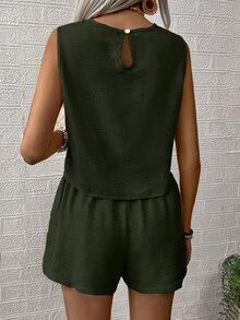 EMERY ROSE Women's Solid Color Crew Neck Sleeveless Top And Shorts Casual 2-Piece Set - Green - View 2