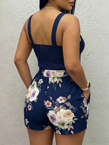 EMERY ROSE 女士3D立体花卉装饰上衣和印花短裤休闲日常穿搭 - 藏蓝色 - 查看 2