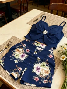 EMERY ROSE 女士3D立体花卉装饰上衣和印花短裤休闲日常穿搭 - 藏蓝色 - 查看 5