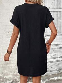 EMERY ROSE Vestido corto de verano de mujer casual de unicolor con cuello en pico - Negro - Ver 2
