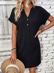 EMERY ROSE Vestido corto de verano de mujer casual de unicolor con cuello en pico - Negro - Ver 5