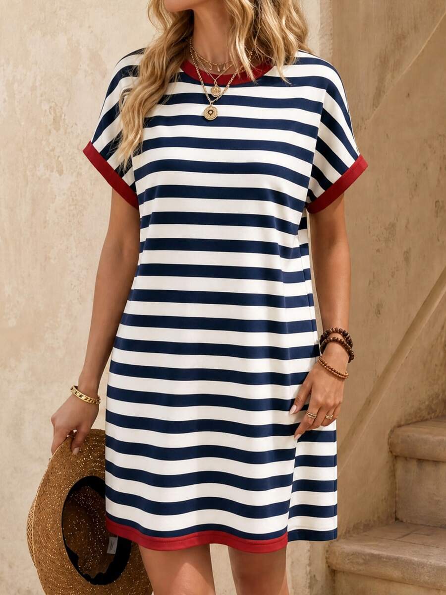 EMERY ROSE Women's Striped Print Color Block Trim Round Neck Short Sleeve Casual Dress - Multicolor - View 1