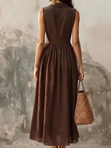 EMERY ROSE Graduation Dress Women's Fashion Solid Color Dress With Elegant Design & Front Button Detail, Suitable For Beach, Dating, Outings And Daily Commute - Dark Brown - View 2