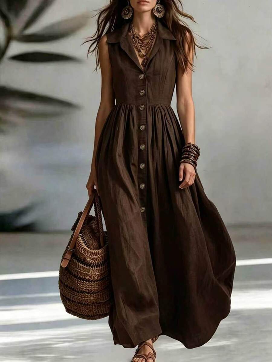 EMERY ROSE Graduation Dress Women's Fashion Solid Color Dress With Elegant Design & Front Button Detail, Suitable For Beach, Dating, Outings And Daily Commute - Dark Brown - View 1