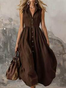 EMERY ROSE Graduation Dress Women's Fashion Solid Color Dress With Elegant Design & Front Button Detail, Suitable For Beach, Dating, Outings And Daily Commute - Dark Brown - View 5