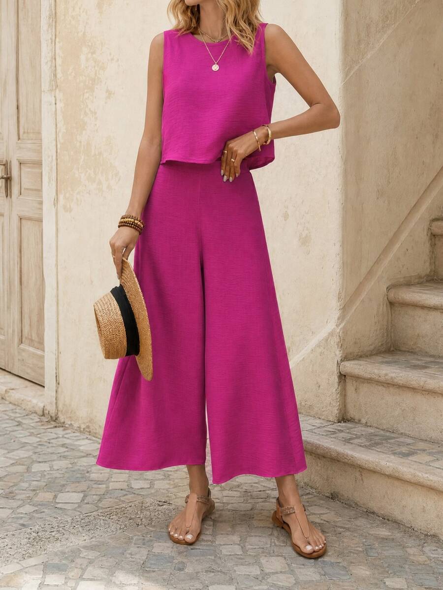 EMERY ROSE Women's Solid Color Round Neck Top And Wide Leg Pants Casual 2 Pieces Set - Red Violet - View 1