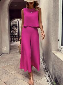 EMERY ROSE Women's Solid Color Round Neck Top And Wide Leg Pants Casual 2 Pieces Set - Red Violet - View 6